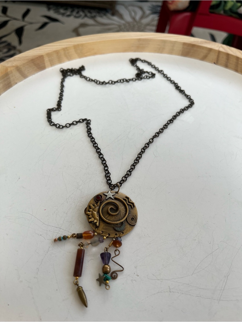 Vintage Chico's Brass Spiral Medallion Necklace with Multicolor Beads